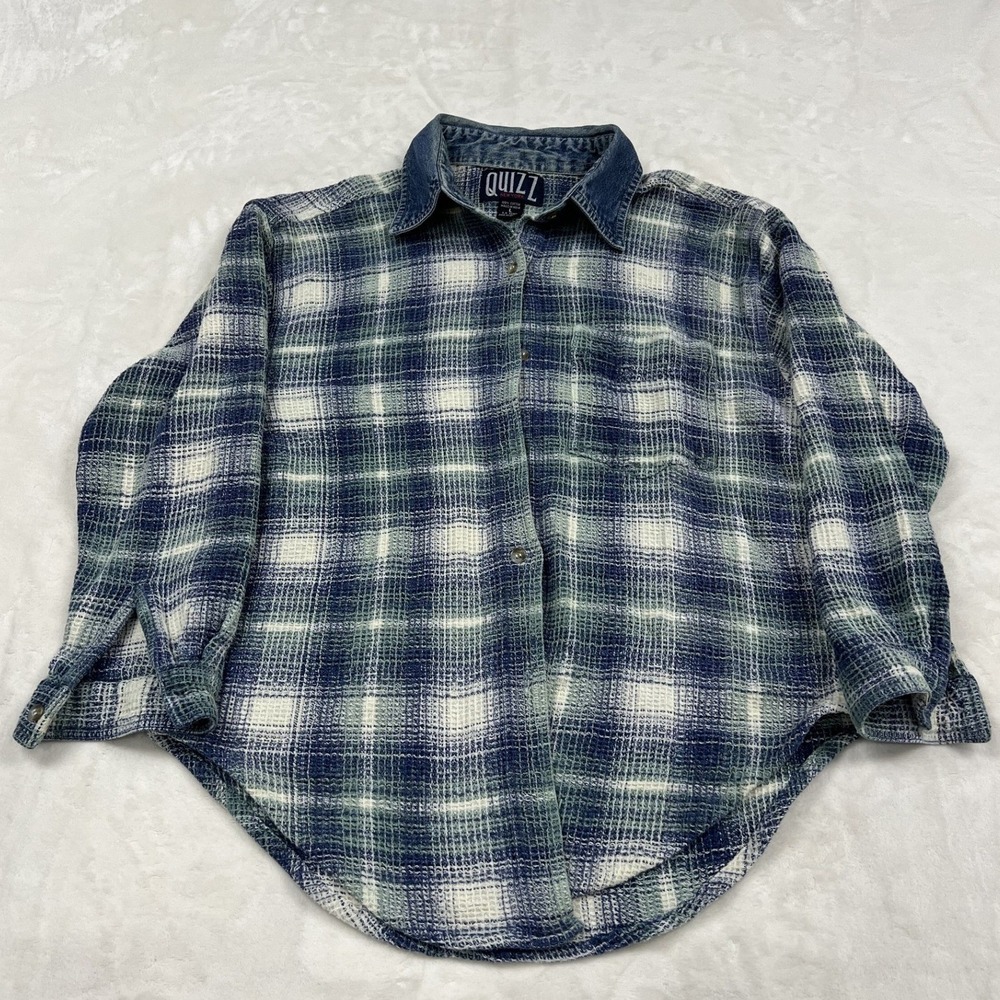 Quizz Plaid Shirt Womens L Blue Green Denim Collar Waffle Knit Thermal Button Up